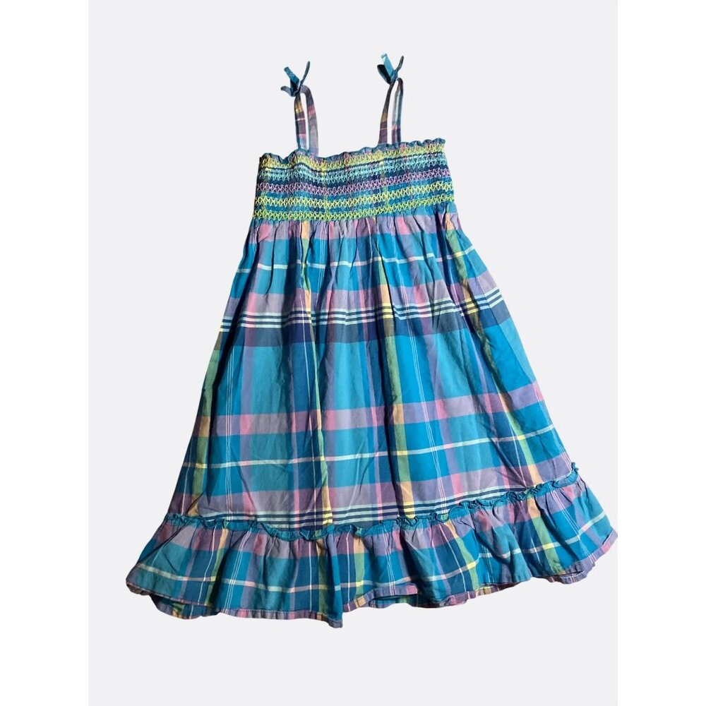 Plaid Smocked Sundress BlueTeal Multicolor Cotton Shirred Bodice Ruffle Hem sz 5 - Picture 5 of 9